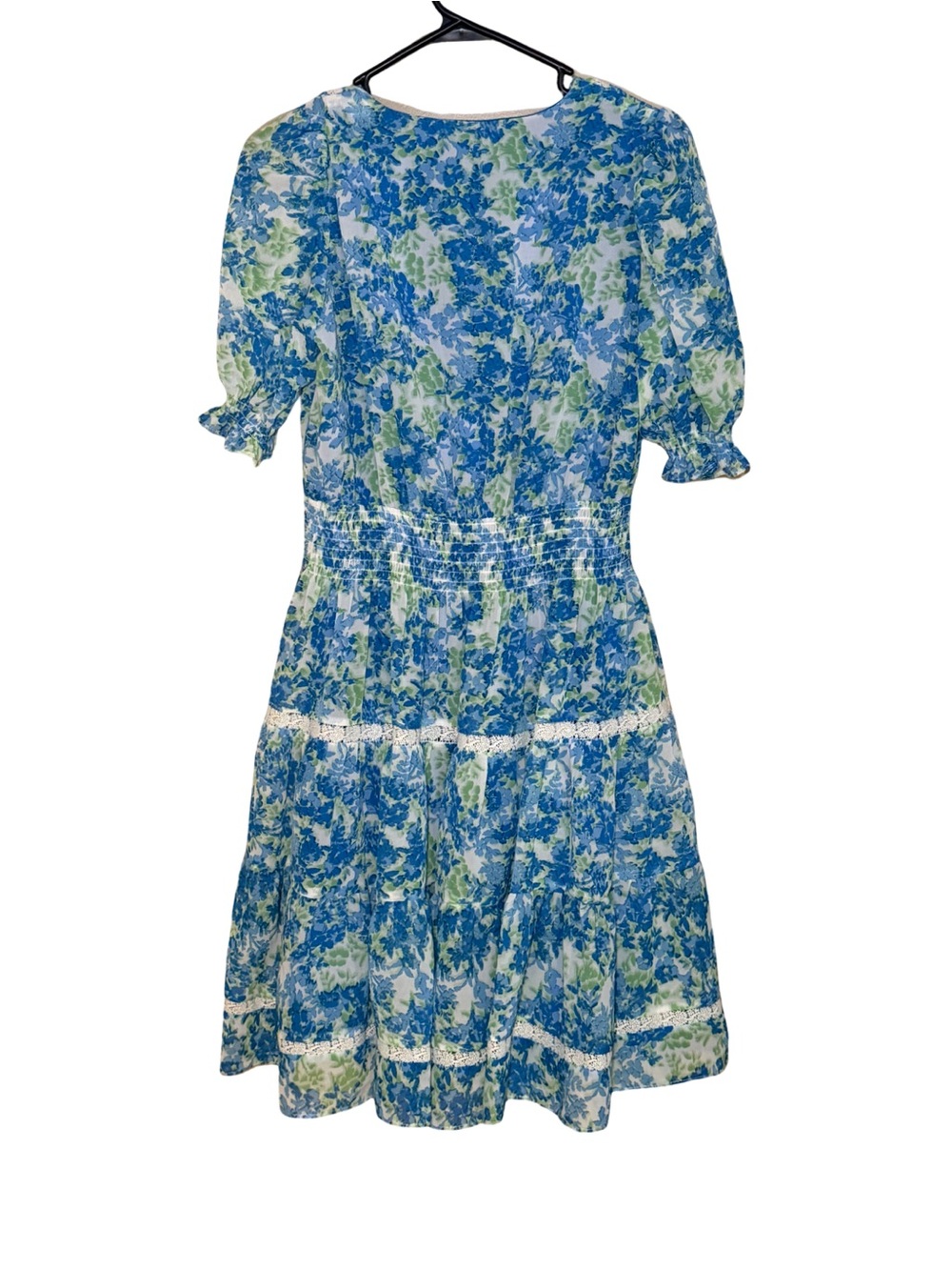 TAYLOR Vibrant Blue Floral Print Tiered Smocked Lace Trim V-Neck Babydoll Dress  - Picture 8 of 12